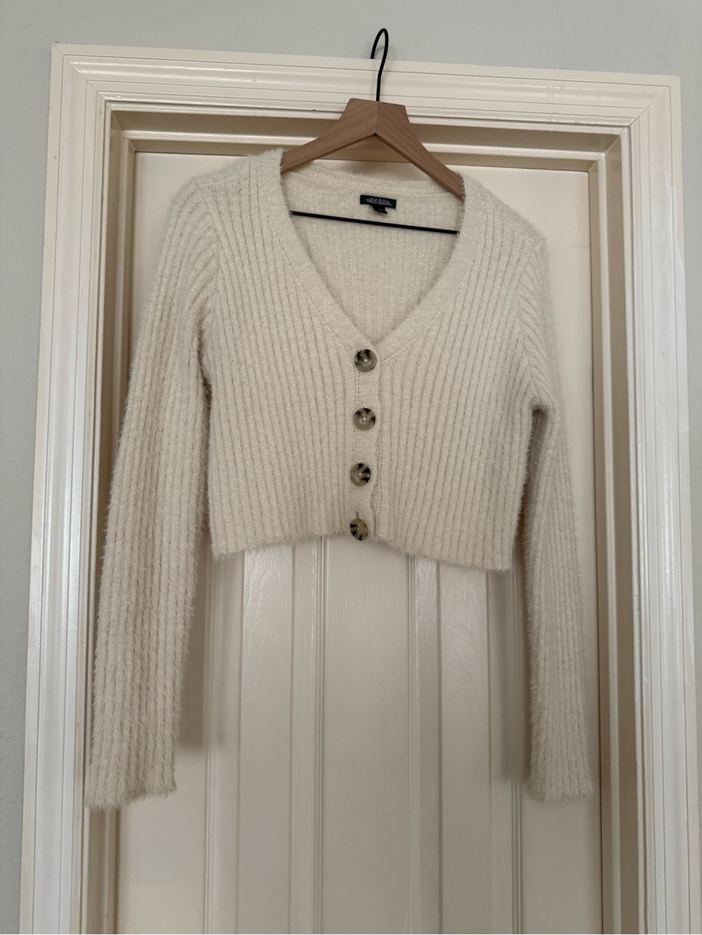 Wild fable Cream Ribbed Cropped V-Neck Button Cardigan